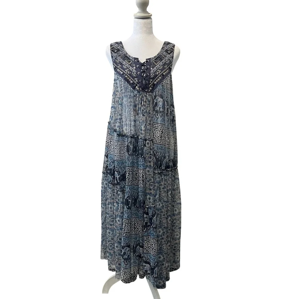 Free People Wanderers Midi Dress Blue Women's Medium Elephant Sheer Boho Coverup